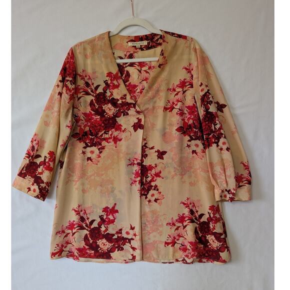 Rose + Olive Womens Peach Red Floral Pop Over Blouse Size XL Career Casual - Picture 1 of 8